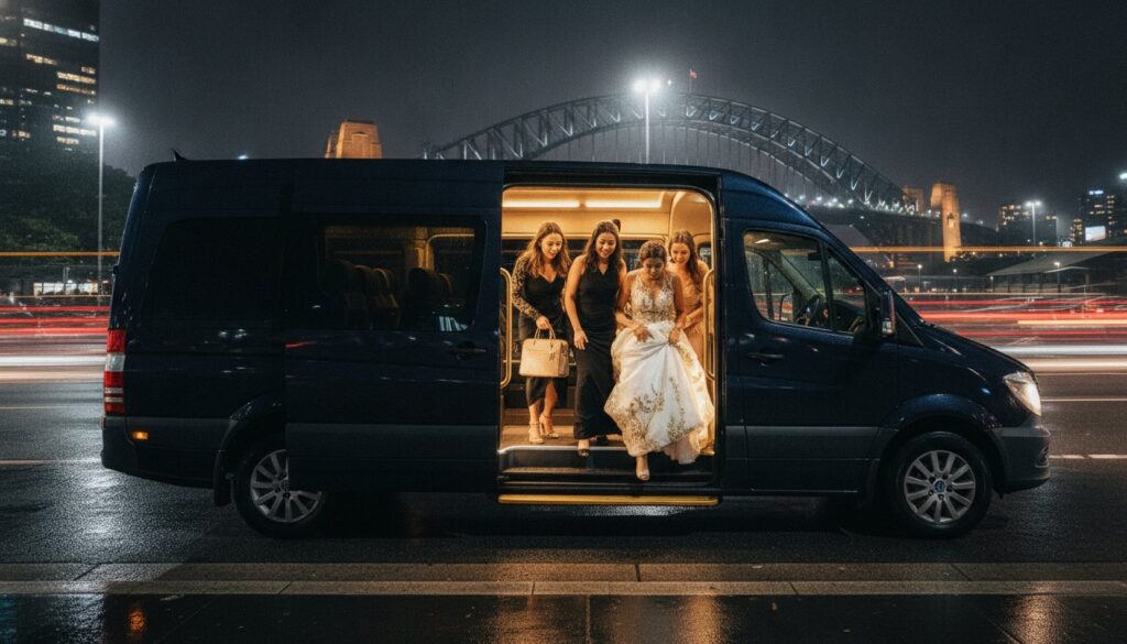 Wedding party stepping out of a dark blue limousine at night, bride in a white gown surrounded by friends with a city bridge backdrop behind them